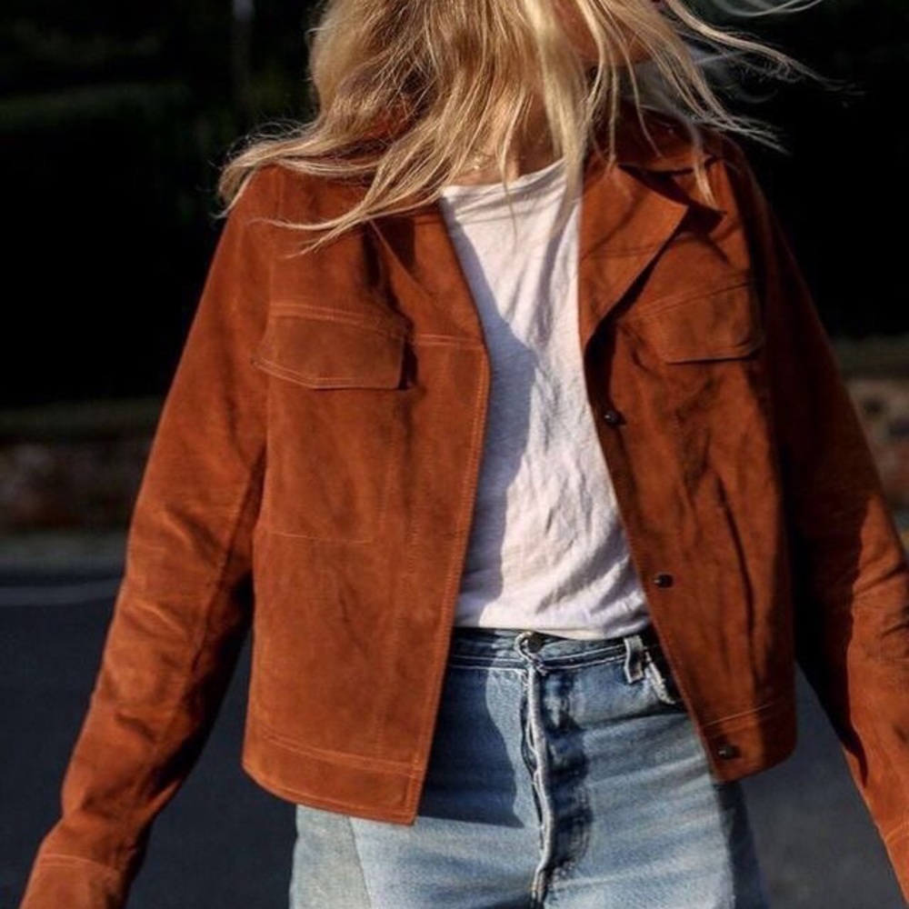 Vince Dark Tan Calf Suede Moto Jacket, Size Large